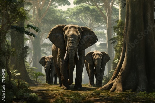 Elephant's in the beautiful forest full of lovely green trees.