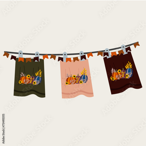 Flat Design Pumpkins Illustration and Clothesline Bath and  Towels