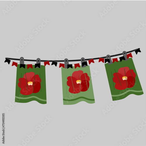 Flat Design Red Flowers Illustration and Clothesline Bath and  Towels