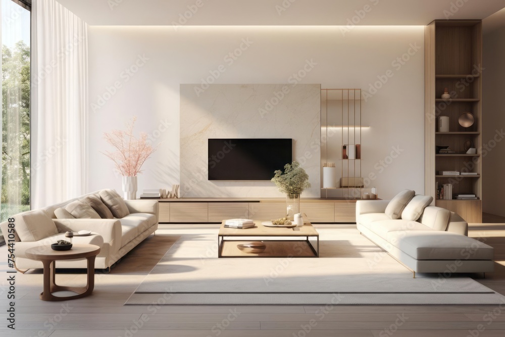 A sleek modern living room, where quiet luxury is embodied in clean ...