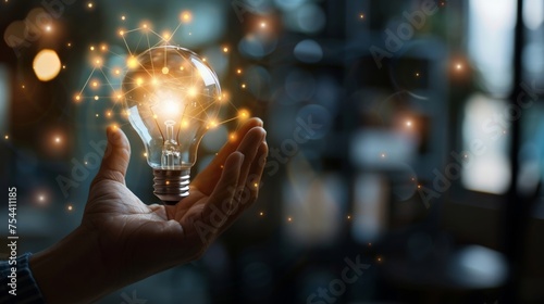 Businessman hand holding creative light bulb with industry network, analysis solution and development marketing network icons planning strategy, Modern business, Innovative of new ideas.
