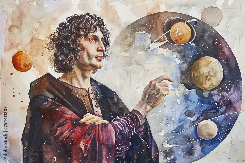 Water painting of Nicolaus Copernicus and planets of Solar System Stock ...