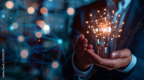 Businessman hand holding creative light bulb with industry network, analysis solution and development marketing network icons planning strategy, Modern business, Innovative of new ideas. photo