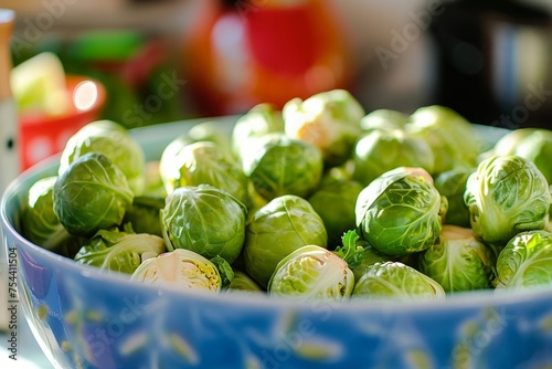 delicious Brussels sprouts in a colourful kitchen