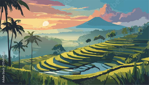 Landscape rice terraces and mountains in the morning