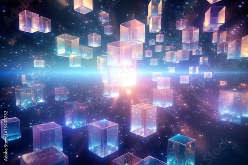 Three-dimensional holographic cubes sparkle against a white cosmic background, forming mesmerizing geometric patterns in zero gravity. Laser beams are refracted creating captivating lighting effects.