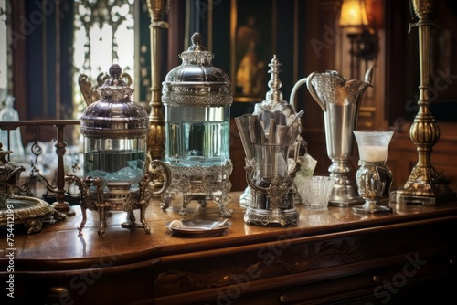 The opulent Victorian dining room features glass seltzer bottles adorned with ornate decorations. Antique trays and silver lids emphasize aristocracy and style.