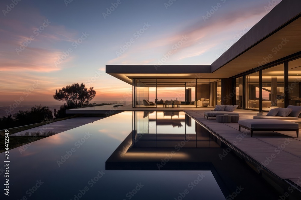 A modern, minimalistic mansion surrounded by serene landscapes. The design seamlessly blends luxury with simplicity, featuring clean lines and large windows. Quiet Luxury concept.