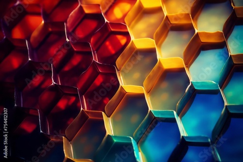 An abstract symphony of morphing honeycomb hexagons. A harmonious blend of shapes and colors, creating a captivating visual orchestra.