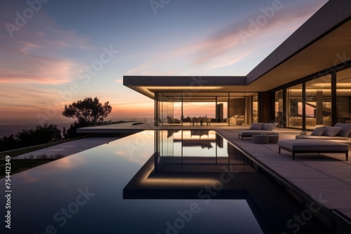 A modern, minimalistic mansion surrounded by serene landscapes. The design seamlessly blends luxury with simplicity, featuring clean lines and large windows. Quiet Luxury concept.