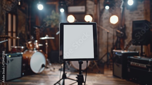 A blank digital tablet on a stand in the foreground of a well-equipped music studio with instruments and stage lighting in the background.