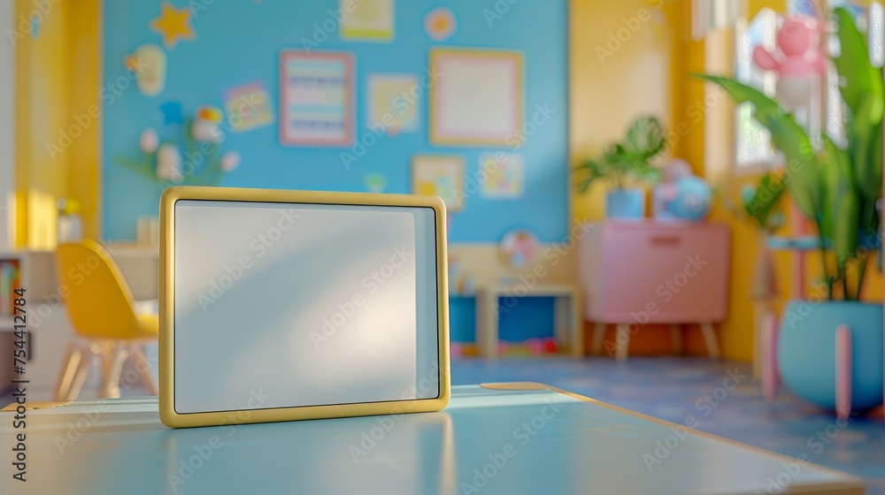 In the cheerful ambiance of a colorful classroom, a tablet rests on a table, symbolizing the integration of technology in early childhood education. In the cheerful ambiance of a colorful classroom, a tablet rests on a table, symbolizing the integration of technology in early childhood education.