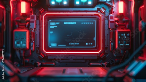 A close-up of a high-tech control panel, its sleek screens and buttons illuminated by striking red neon lights, evoking a sense of advanced technology and control.