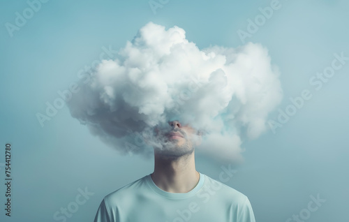 hombre rodeado de humo blanco en su cabeza, vistiendo camisa azul, sobre fondo azul 