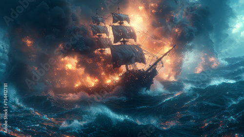 Pirate ship in a ferocious sea battle,generative ai © LomaPari2021