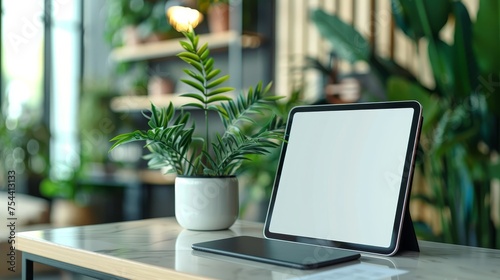 A tablet and smartphone are propped up on a wooden desk in a bright, plant-filled office space, epitomizing a modern, eco-friendly work environment.