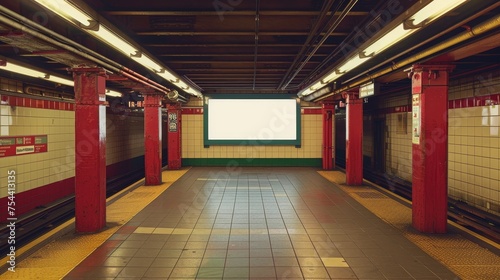 The vacant platform of a subway station featuring a large blank billboard for advertising  set against the iconic tiled walls and columns of the urban underground.