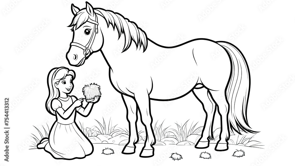 Cute princess feeding her horse Coloring page 