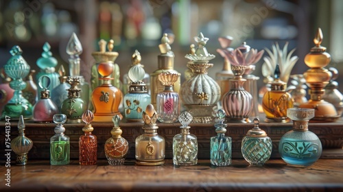 A charming assortment of vintage perfume bottles in various shapes, sizes, and colors, meticulously arranged on a polished wooden surface, reflecting a bygone era's elegance.