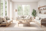 A serene Scandinavian living room, featuring clean lines, neutral tones, and functional furniture. Large windows allow soft, diffused light to fill the space, creating an airy and inviting atmosphere.