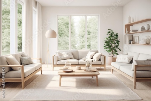 A serene Scandinavian living room, featuring clean lines, neutral tones, and functional furniture. Large windows allow soft, diffused light to fill the space, creating an airy and inviting atmosphere. © DK_2020