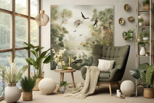 A serene interior inspired by nature, with earthy tones, natural materials, and abundant greenery. A connection to the outdoors and a sense of calm.