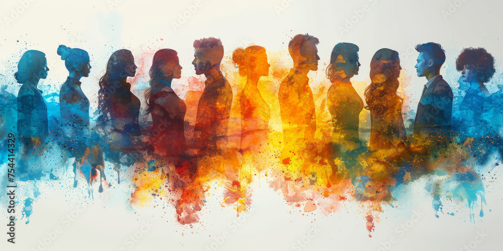 Colorful upper body silhouettes of different working people as human resources and inclusion concept,generative ai - obrazy, fototapety, plakaty 