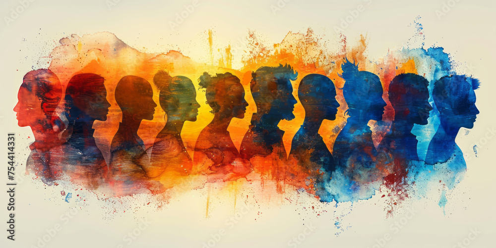 Colorful upper body silhouettes of different working people as human resources and inclusion concept,generative ai - obrazy, fototapety, plakaty 