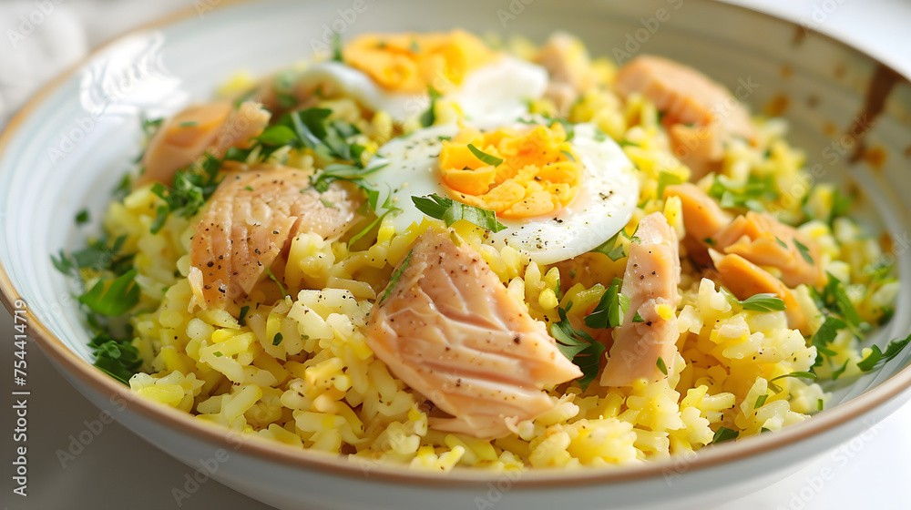 Salmon and egg rice bowl with herbs