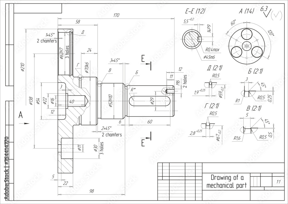 Assembly drawing of steel part with through holes.
Vector cad scheme of mechanical device with shaft, gear, bearing, bolted connection and dimension lines. Engineering background. Technical template
Assembly drawing of steel part with through holes.
Vector cad scheme of mechanical device with shaft, gear, bearing, bolted connection and dimension lines. Engineering background. Technical template