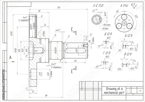  Assembly drawing of steel part with through holes. Vector cad scheme of mechanical device with shaft, gear, bearing, bolted connection and dimension lines. Engineering background. Technical template