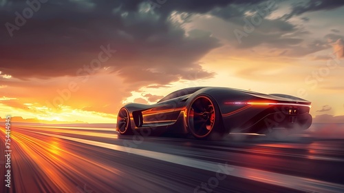 3D rendering of a sports car on the road at sunset, Generative AI illustrations. © jbstocks