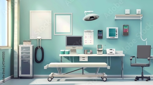 Interior of modern hospital room, Workplace with computer and equipment, Generative AI illustrations.