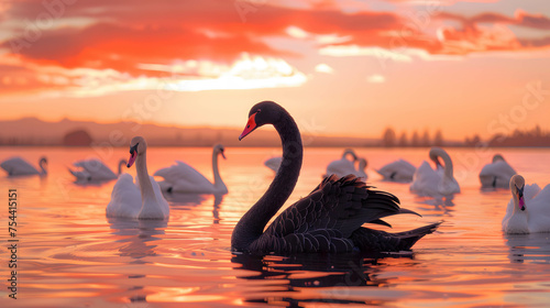 A black swan on the surface of the water among white swans  unexpected events that can occur in  business and investment  stock or currency or cryptocurrency crash