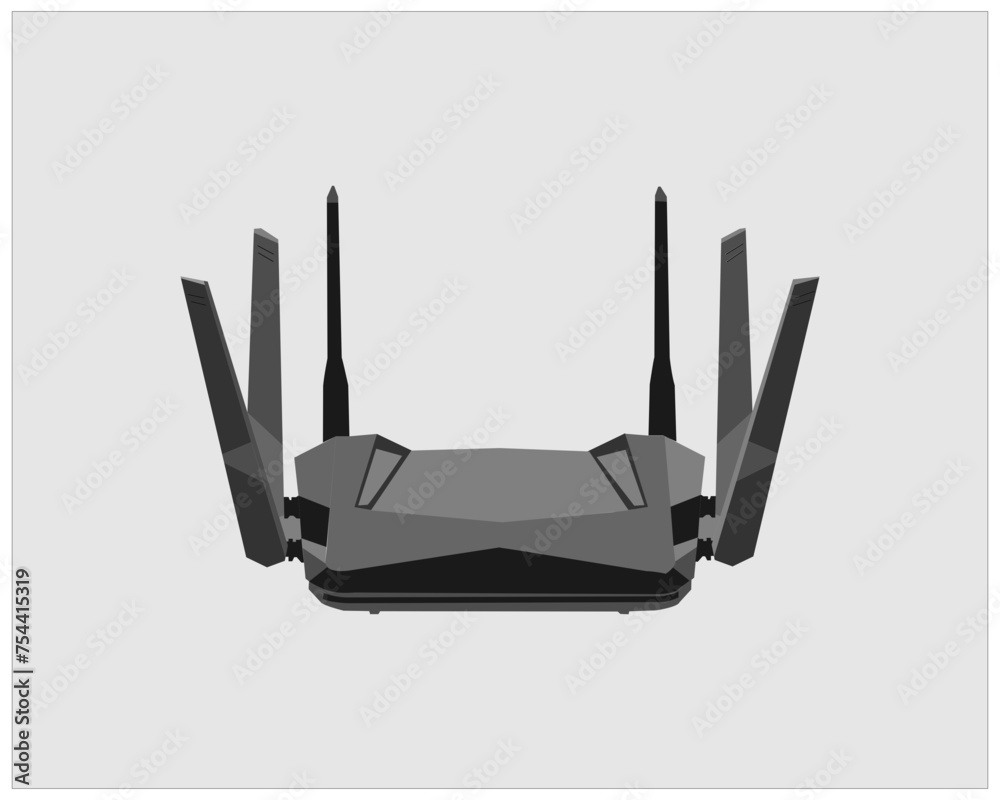 Fototapeta premium Realistic Wireless Router with the antenna. Signs on a separate layer. Wireless router isolated on grey background.