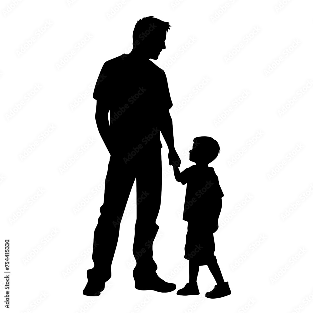 Vector silhouette of father with his son on white background.  