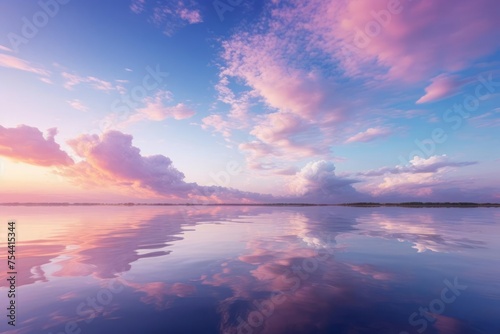 Pastel-colored clouds stretching across the sky. A seamless blend of soft lavender, muted gold, and baby blue, creating a tranquil and dreamy panorama. A sense of wonder and beauty.