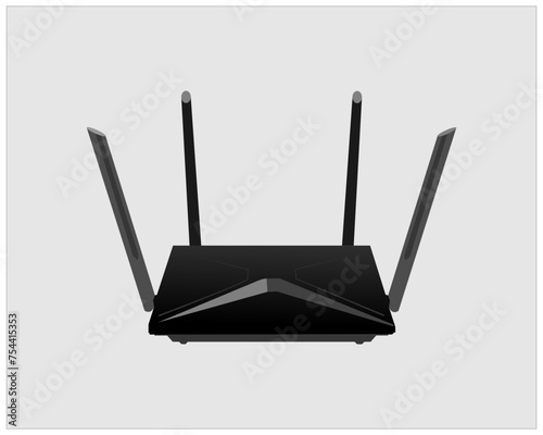 Realistic Wireless Router with the antenna. Signs on a separate layer. Wireless router isolated on grey background.