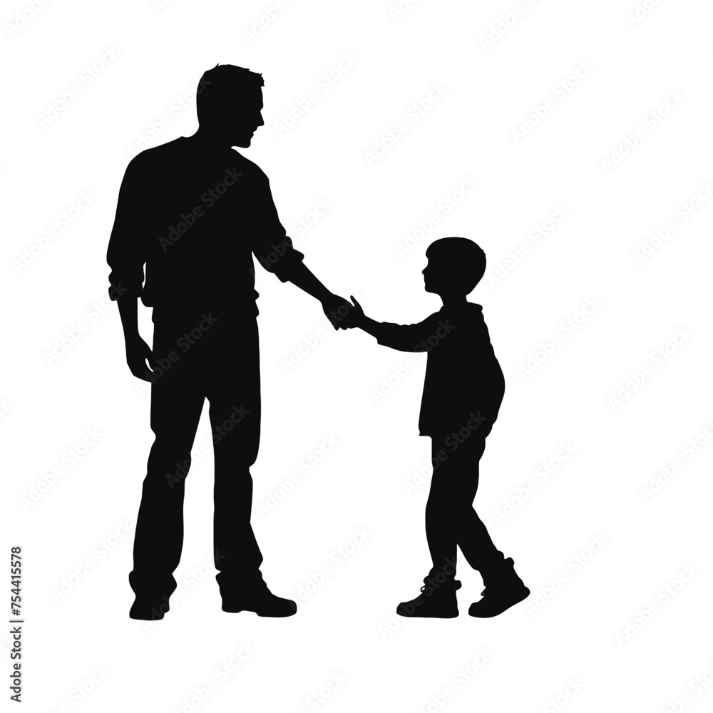 Vector silhouette of father with his son on white background.  