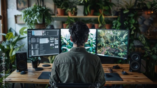 Man focused on work with dual monitor setup, surrounded by a variety of lush indoor plants in a cozy, natural light-filled room. © Rattanathip