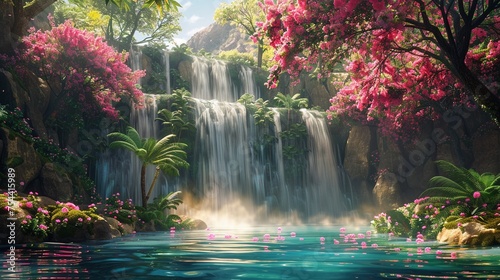 A cascade of tropical flowers draping over a tranquil waterfall