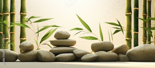 A collection of rocks stacked up next to bamboo trees, creating an abstract and unique interior concept. The natural elements contrast and complement each other in this scene. photo