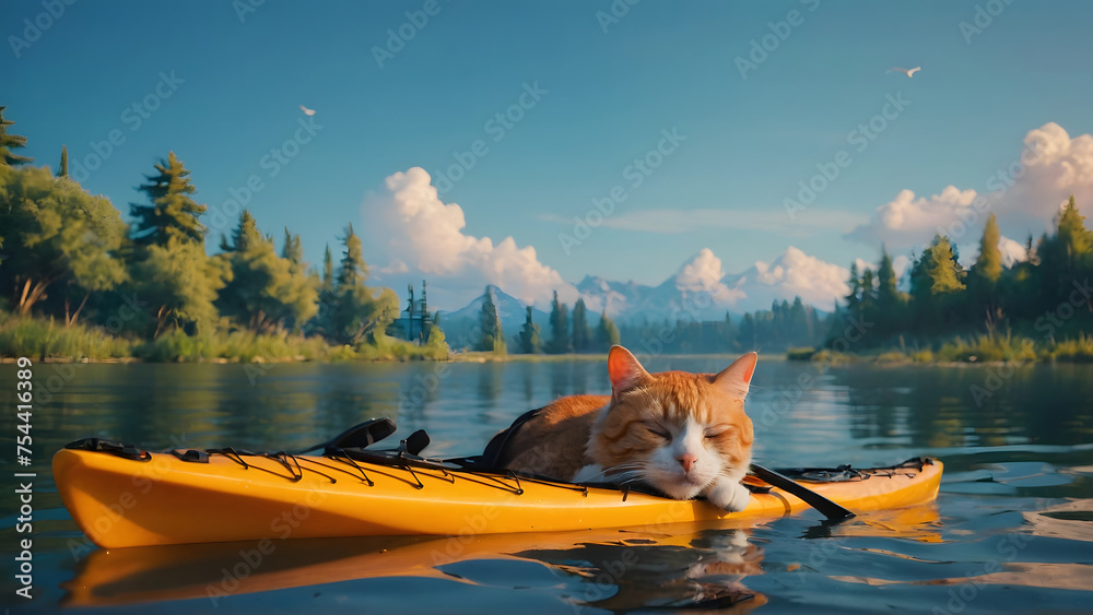 Cat with boat - obrazy, fototapety, plakaty 