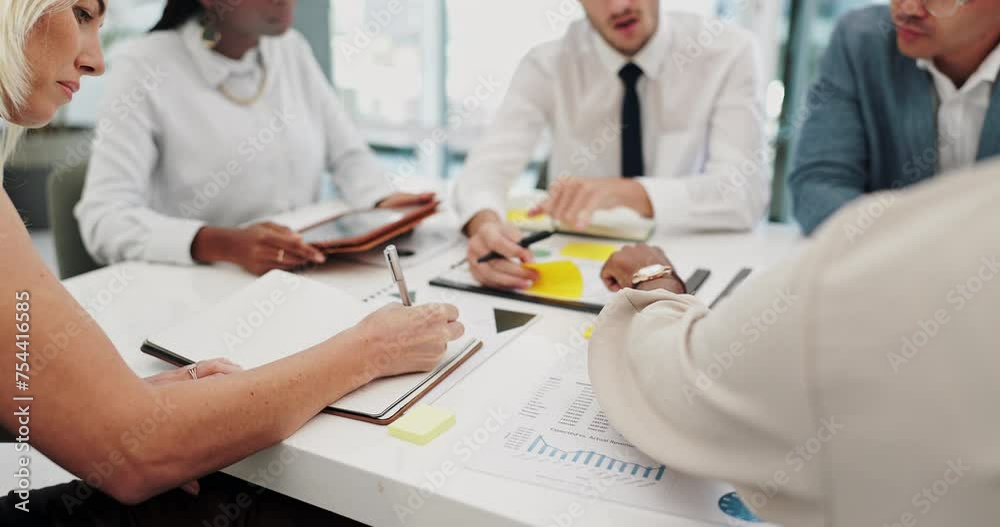Business hands, paperwork and meeting with statistics, data analysis and sticky note ideas of finance, numbers and teamwork. Group of people planning on documents of sales, profit or revenue strategy