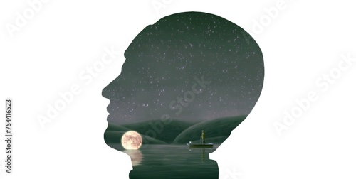 peaceful, calm and solitude concept art. man on a boat in the river. surreal landscape. people and nature.