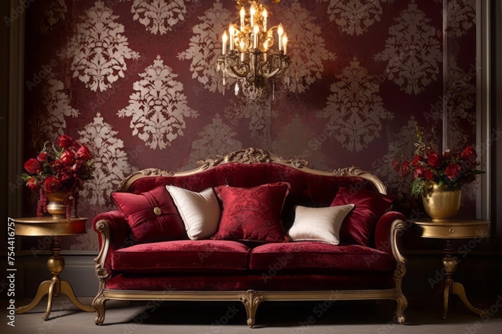 A room adorned with burgundy and gold damask-patterned wallpaper, creating a sense of timeless sophistication. Vintage furniture pieces and antique accents, complementing the intricate damask design. - obrazy, fototapety, plakaty 