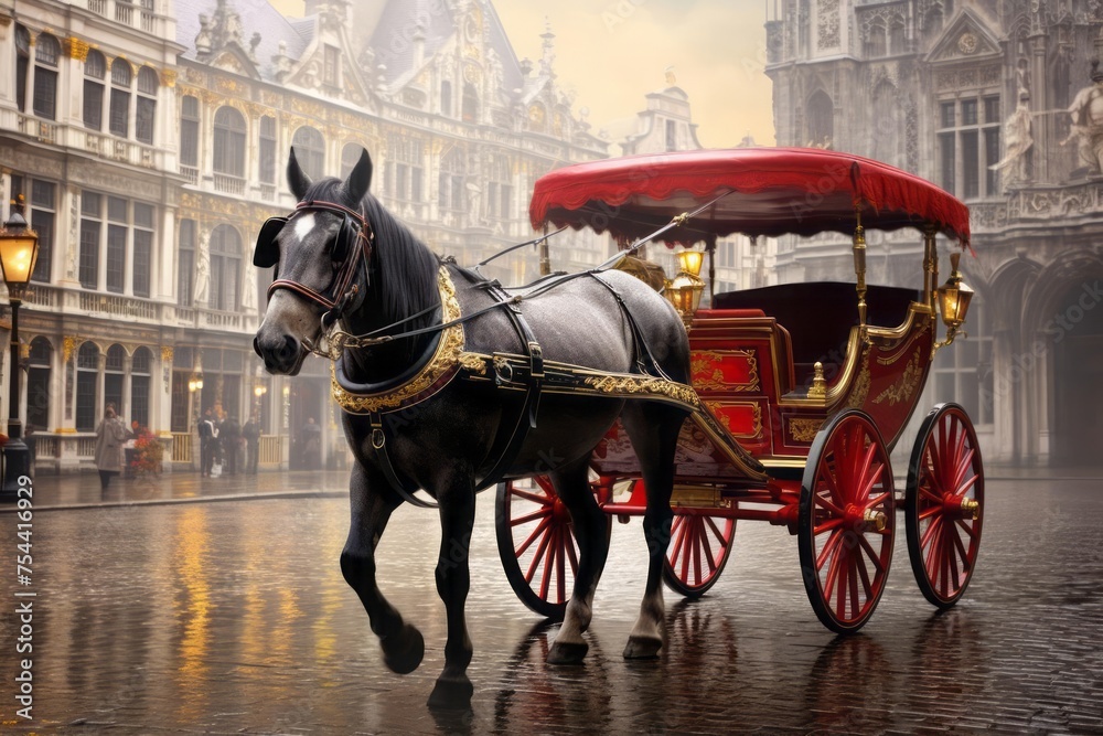 A regal horse-drawn carriage through the cobbled streets of a historic city. The elegance of a historical carriage ride.