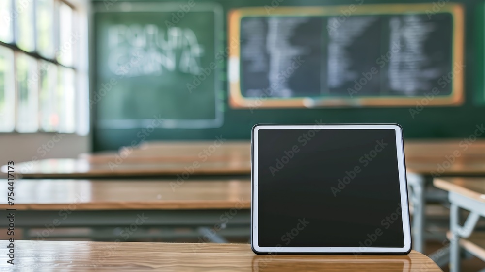 A single tablet with a black screen positioned on a polished wooden desk in the focused silence of an empty classroom. - obrazy, fototapety, plakaty 
