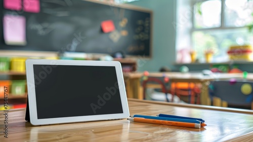 A tablet with a blank screen and colorful pencils lie on a wooden desk in a bright, welcoming elementary classroom.