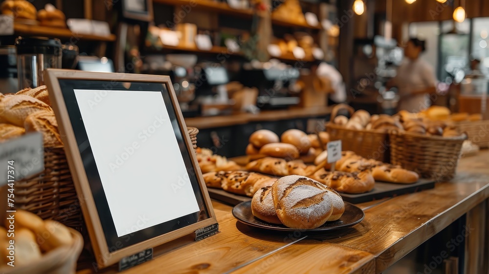 A cozy artisan bakery displays a variety of freshly baked bread on wooden shelves with a blank menu board in the foreground.